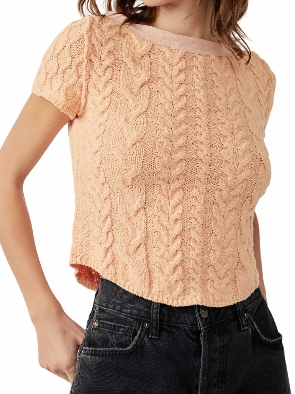 Free People Baby Cable Tee Peach Knit Cotton Blend Women's Size Small